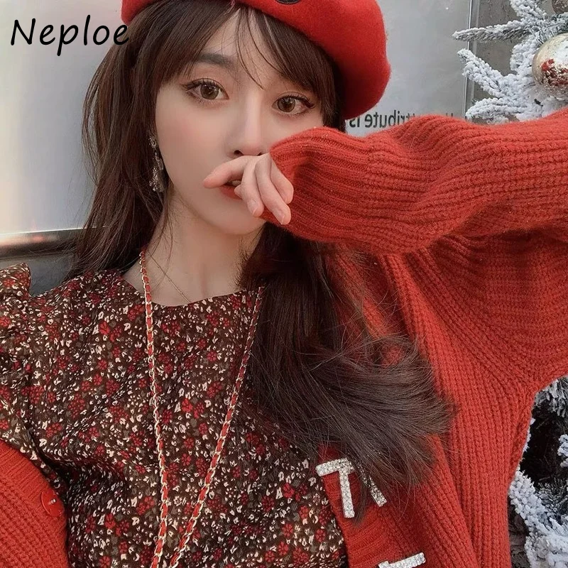 Neploe 2024 Spring New Korean Temperament Sweater Jackets Women Exquisite Bowknot Rhinestone Button Knitting Cardigans Woman