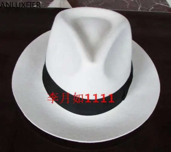 B-8139 White Authentic Hat Black Contrasting Woolen Fedoras Cap Elegant 100% Wool Vintage Cowboy Cap Jackson Wool Hat