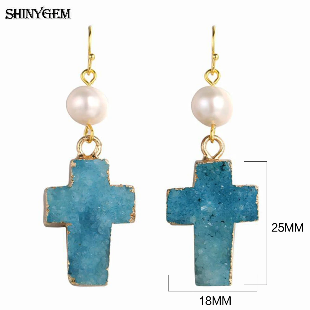 

ShinyGem Natural Crystal Druzy Earring Gold Plating Green/Blue Cross Pendant Drop Dangle White Round Pearl Earrings For Women