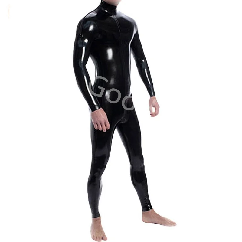 Handmade Double Shoulders Zipper Men's Full Body Design Sexy Latex Tight Jumpsuit Rubber Catsuit Clothing with Crotch Zip