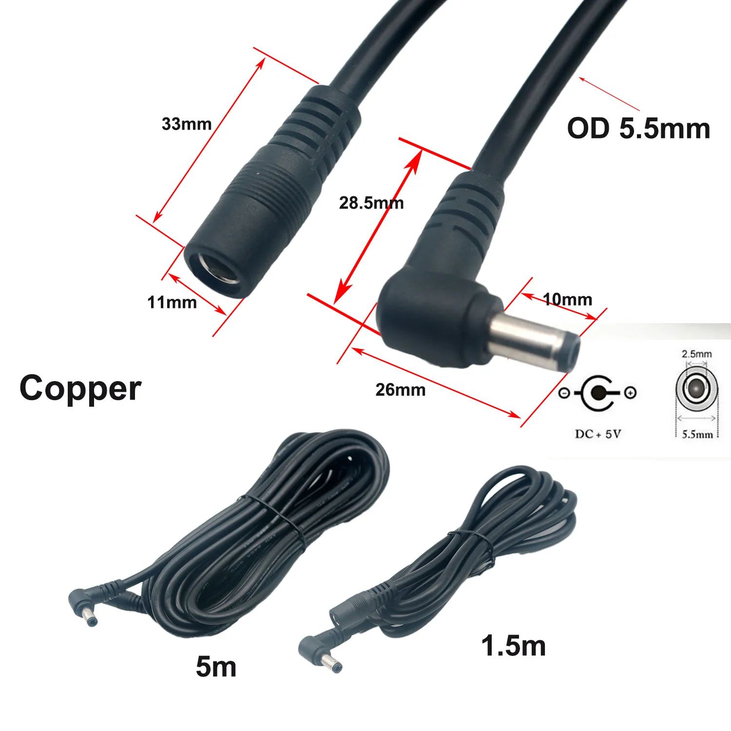 1pc DC Charger 5.5mm x 2.5mm Power Adapter Cord/Cable CCTV Extension Extender 90°Right Angle Male to Female 18AWG 1.5m/5ft 5m