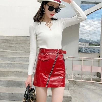 Top brand and 2020 Autumn Winter New High Waist Bright Leather Skirt J18  high quality