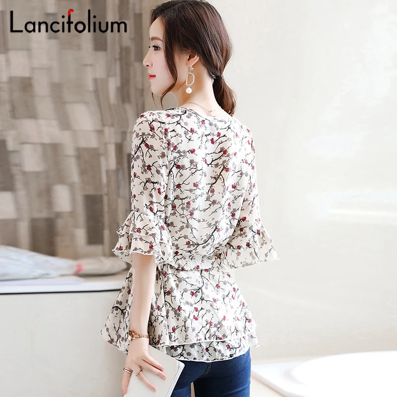 Floral Chiffon Blouse Women Summer Korean Ruffle Peplum Top Ladies 2020 Elegant Plus Size Office Shirt Female Camisas Femininas