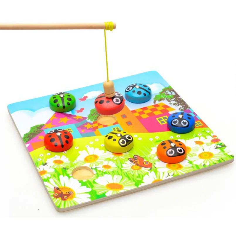 Wooden Fishing Toys Magnetic Catch Ladybug Game Children Catches Insect Games Set Kids Montessori Educational Fish Toys Gifts