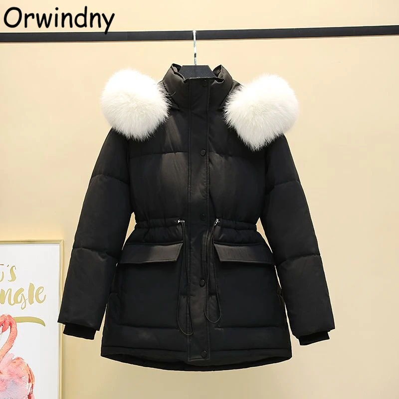 Orwindny Women\'s Winter Jacket Students Solid Hooded Large Fur Parkas Drawstring Slim Fashion Warm Coat Female Snow Wear Outwear