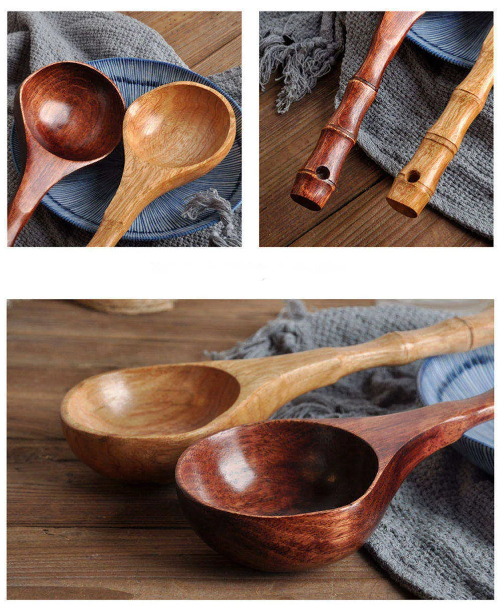 Large Wooden Soup Scoops, Bamboo Handle Cooking Scoop, Japanese Style, Durable Spoon, Bath Water Ladle, Tableware, Kitchen Tools