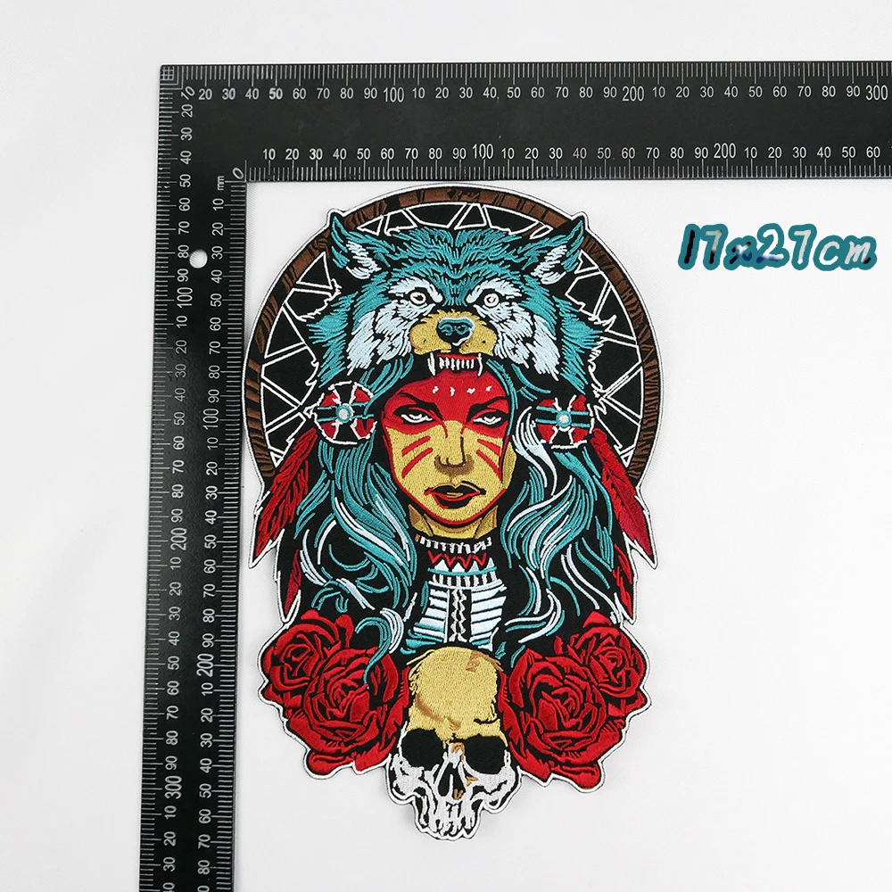 Queen of the Forest Skull Embroidery Patches 17*27CM Big Back Iron on Patch Appliques Rose and Wolf MC Bikers Jackets Vests