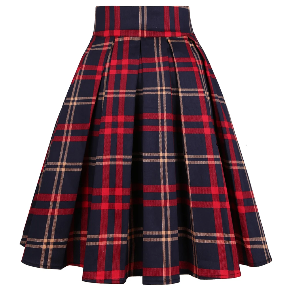 Y2K Vintage Pleated Red Plaid Skirt School Uniform Print High Waist Women Retro Summer 50s Rockabilly Skirts Cotton Midi Skater