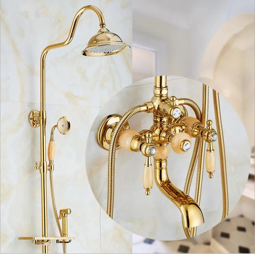 

Vidric Europe style luxury bath and shower faucet brass and jade gold finished wall mounted shower faucet set with rainfall show