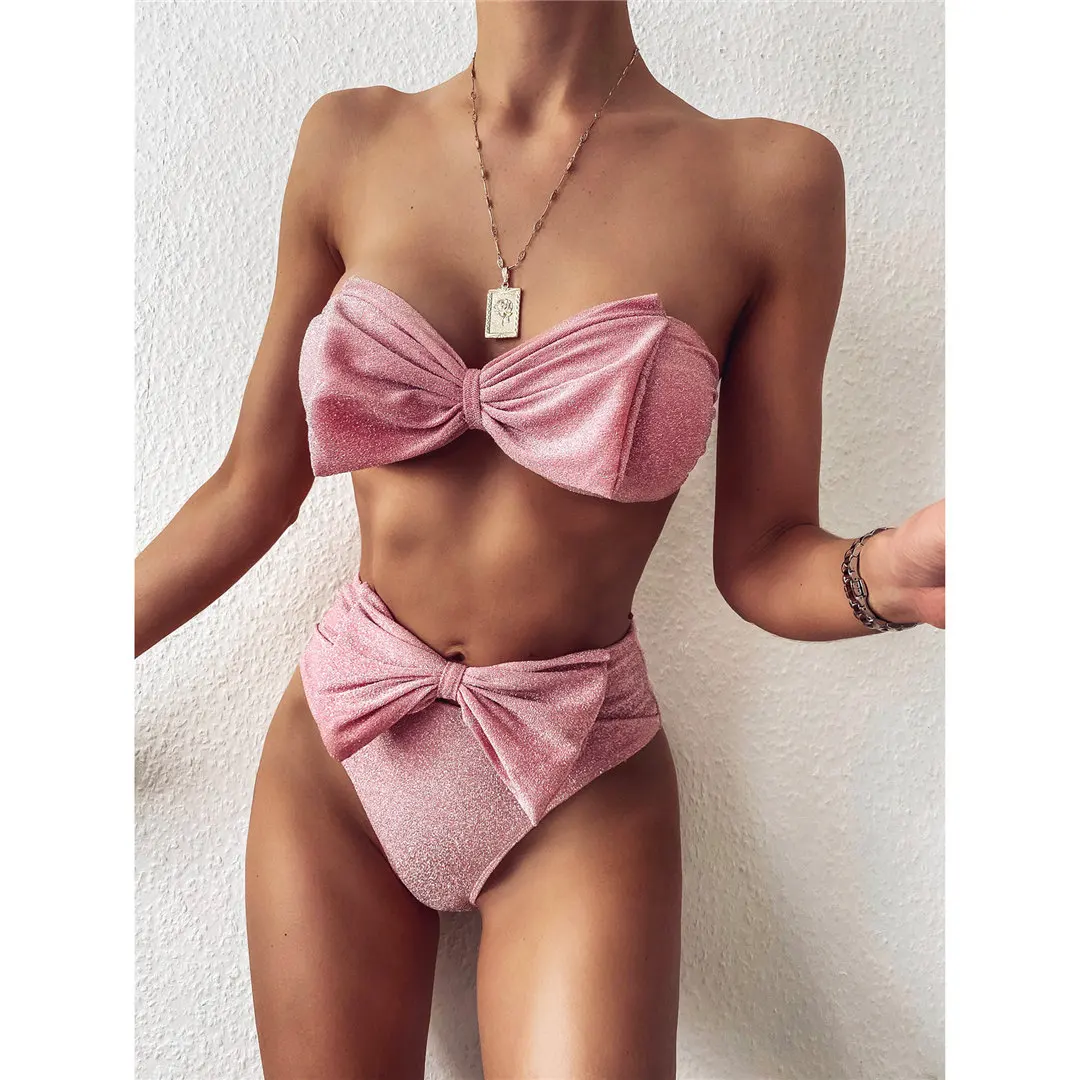 Bikini Bandeau de cintura alta para mujer, traje de baño de dos piezas sin tirantes, 2024