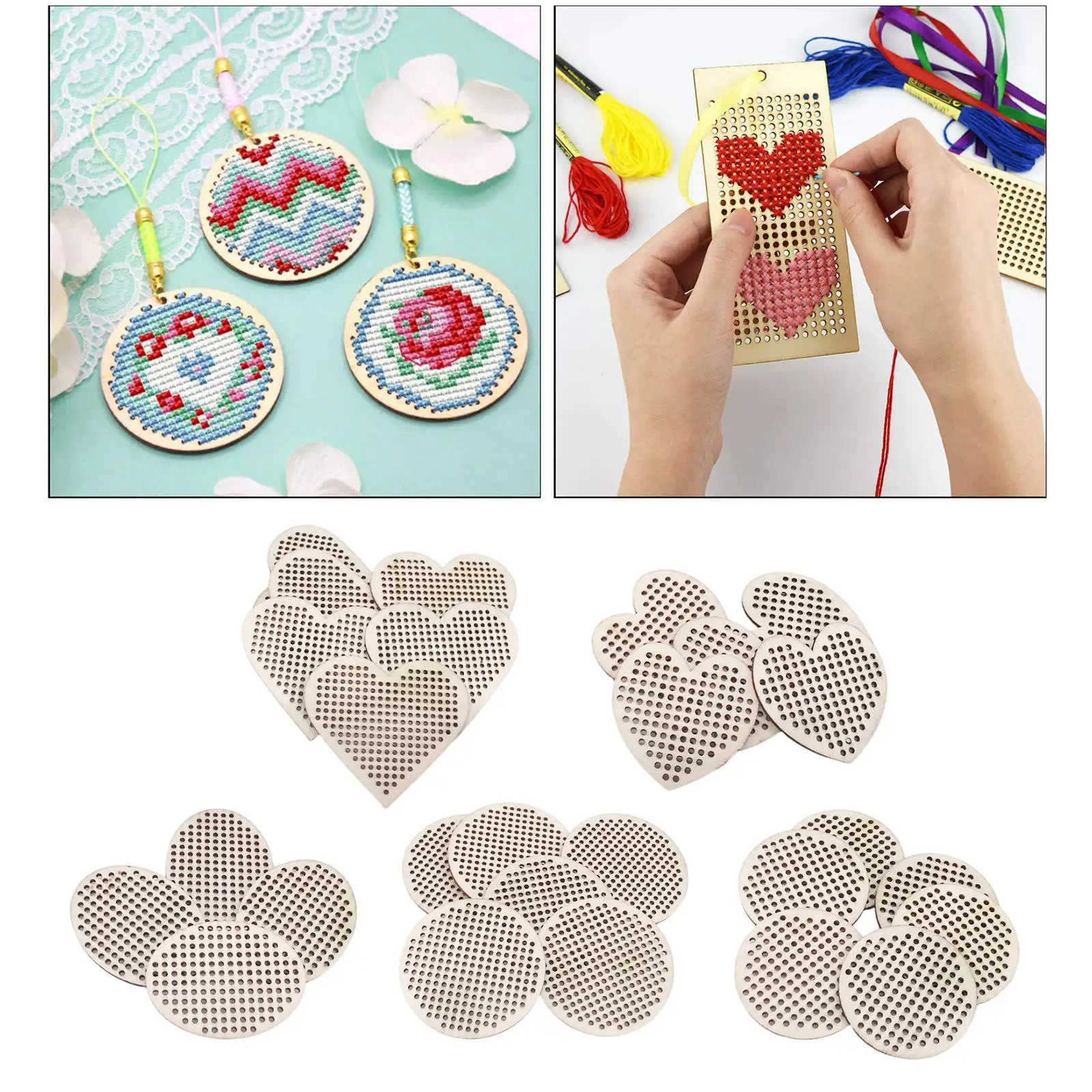 30x Multi-holes Cross Stitch Pendant Blank Natural Oval Round Heart for Crafts DIY Counted Embroidery Adults Beignner Supplies