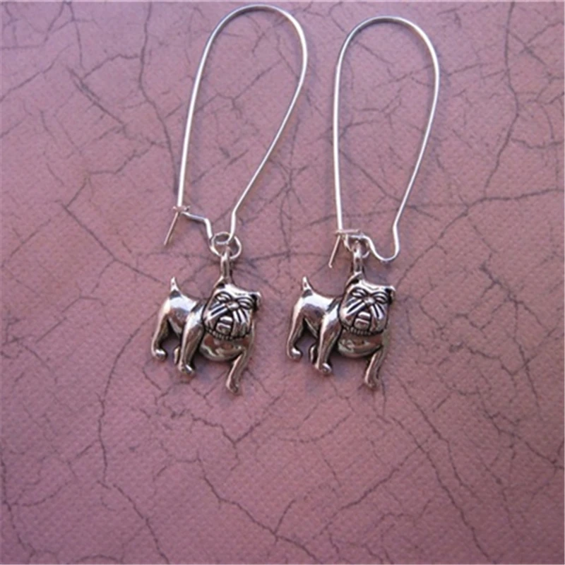 Bulldog Earrings - Antique Silver Color Charm - Kidney Earwires Earrings - Dog Dangle Earrings - Cartoon Dog