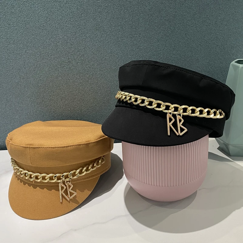 New Spring Summer Caps Women Newsboy Caps Cotton Letter Chain Flat Visor Cap Military caps M
