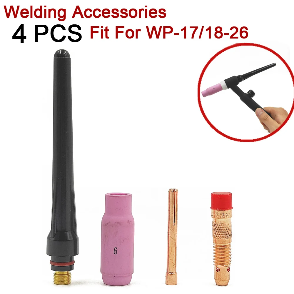 4Pcs TIG Welding Torch Consumable  #6 Ceramic Nozzle Tungsten Tig Collet Body Long Back Cap For WP17 WP18 WP26 Accessories