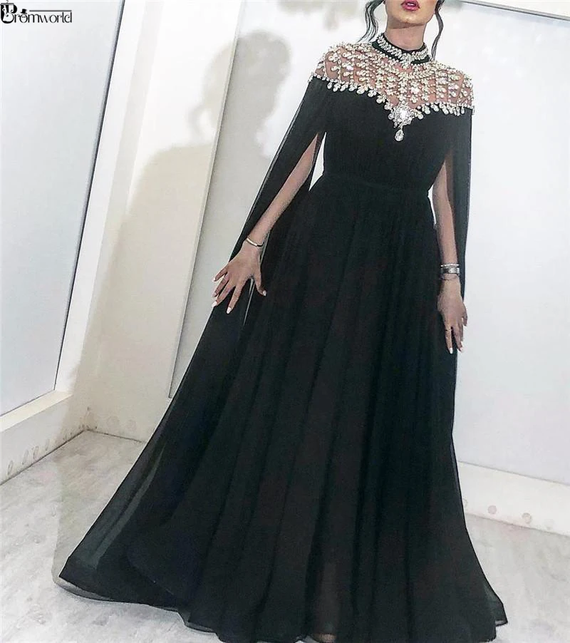 Black Muslim Evening Dresses 2024 High Neck Caped Crystals Chiffon Dubai Kftan Saudi Arabic Formal Evening Gown Long Prom Dress