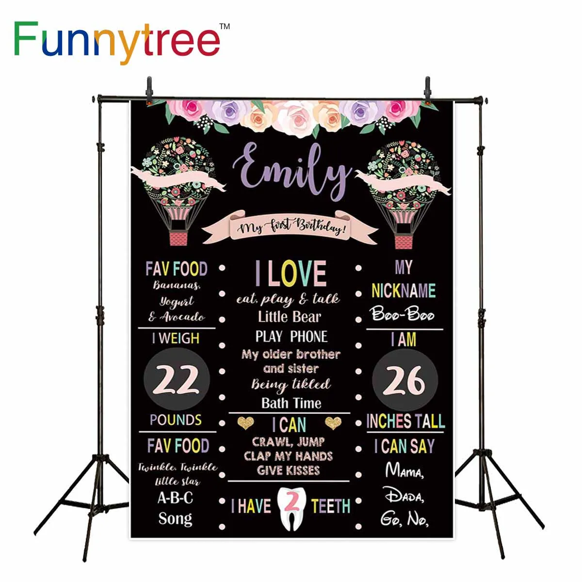 Funnytree Photophone Photography Black Flowers Newborn Colorful Frame Custom Information Birthday Photocall Backdrops Wallpaper