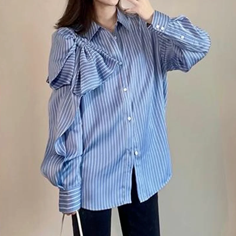 Nomikuma Elegant Bowknot Striped Women Blouses Korean Long Sleeve Turn-down Collar Top Shirt Autumn 2023 New Camisas Mujer 6X513