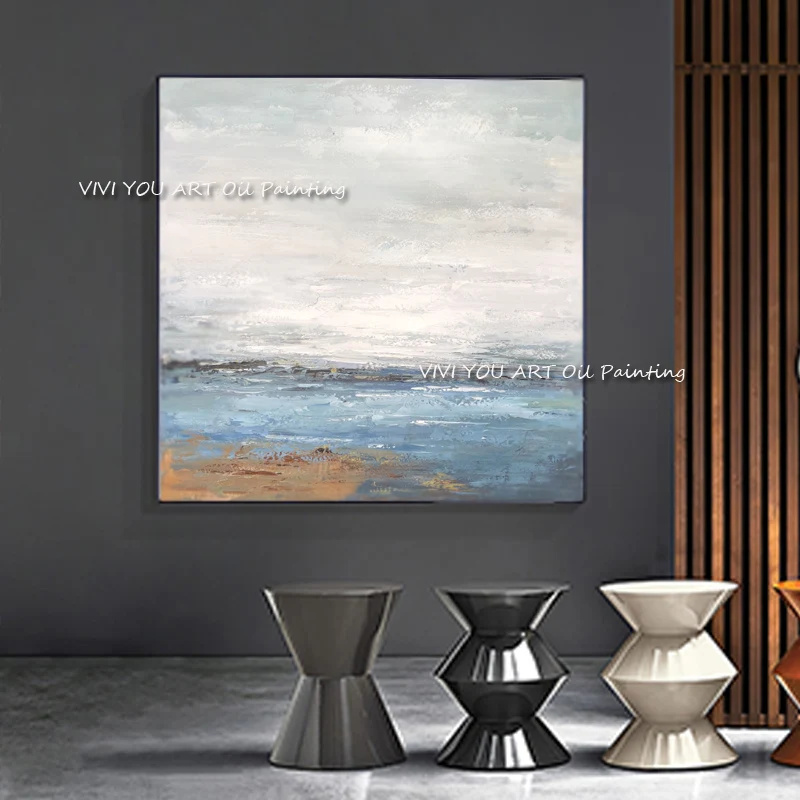 Heavy Texture Hand Painted Beach Ocean Abstract Art, Pale Blue Seashore Canvas, Coastal Entryway Wall Decor