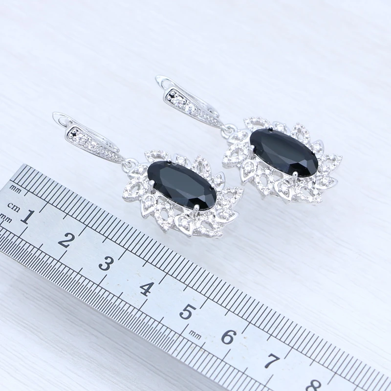 925 Sterling Silver Earrings Oval Black Spinel Stone Crystal Flower Earrings Punk Earrings for Girls Party Accessories