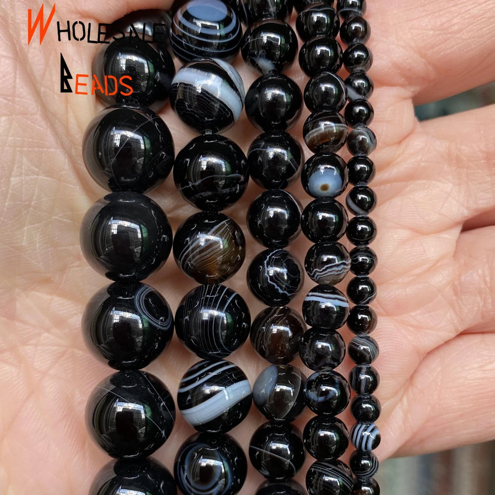 Natural Black Stripe Agates Stone Beads Round Beads for Jewelry Making 4/6/8/10/12mm Diy Bracelets Accessories 15