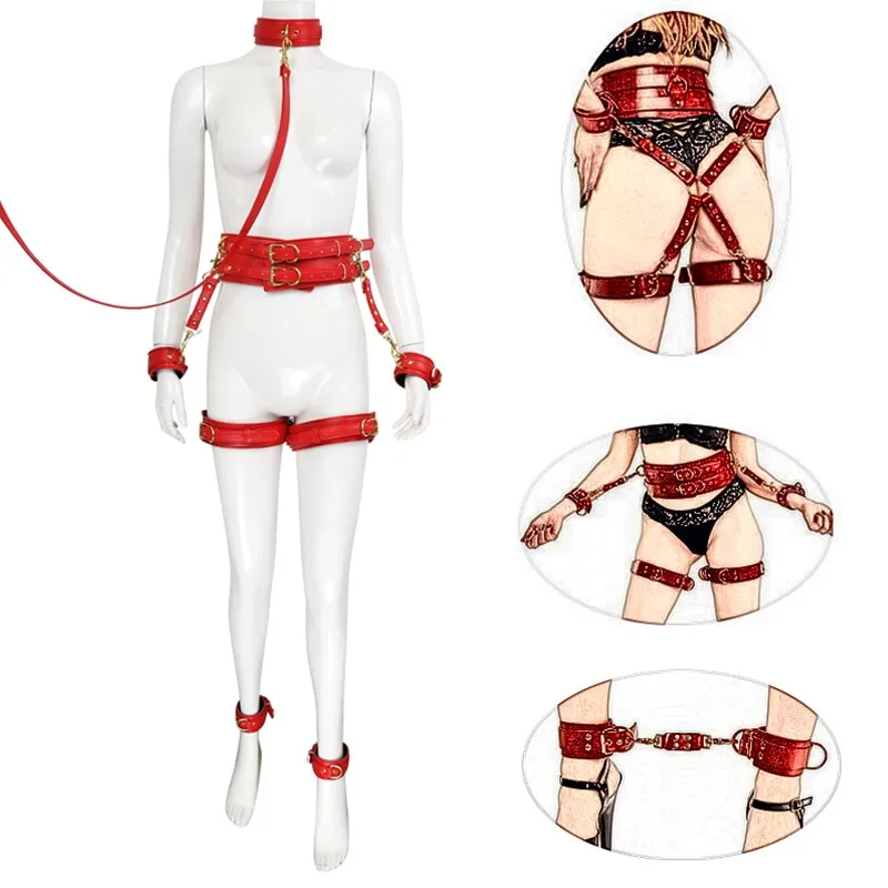 

BDSM Bondage Gear Leather Full Body Harness Set Waist Thigh Restraint Cuff with Collar Handcuffs Fetish Sex Slave Toys for Adult