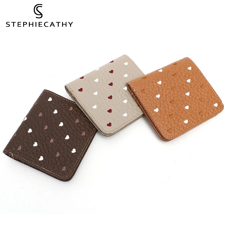 SC Fashion Genuine Leather Women Short Wallet Small Cute Heart Pattern Credit Card Holder Bifold Functional Pocket Organizer