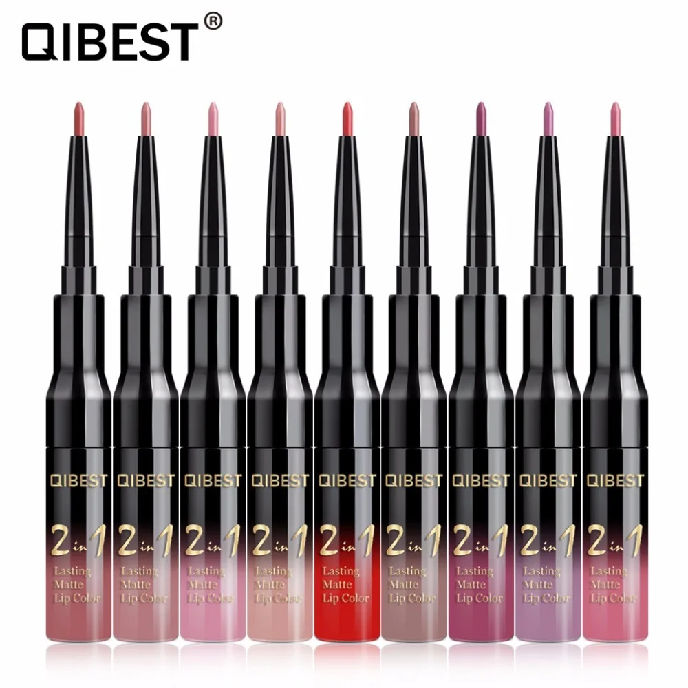 Qibest Double Head Lip Gloss Tint Liner กันน้ำ Nude แต่งหน้า Lipgloss ยาวนาน Matt สีม่วงสีแดง Liquid ลิปสติก