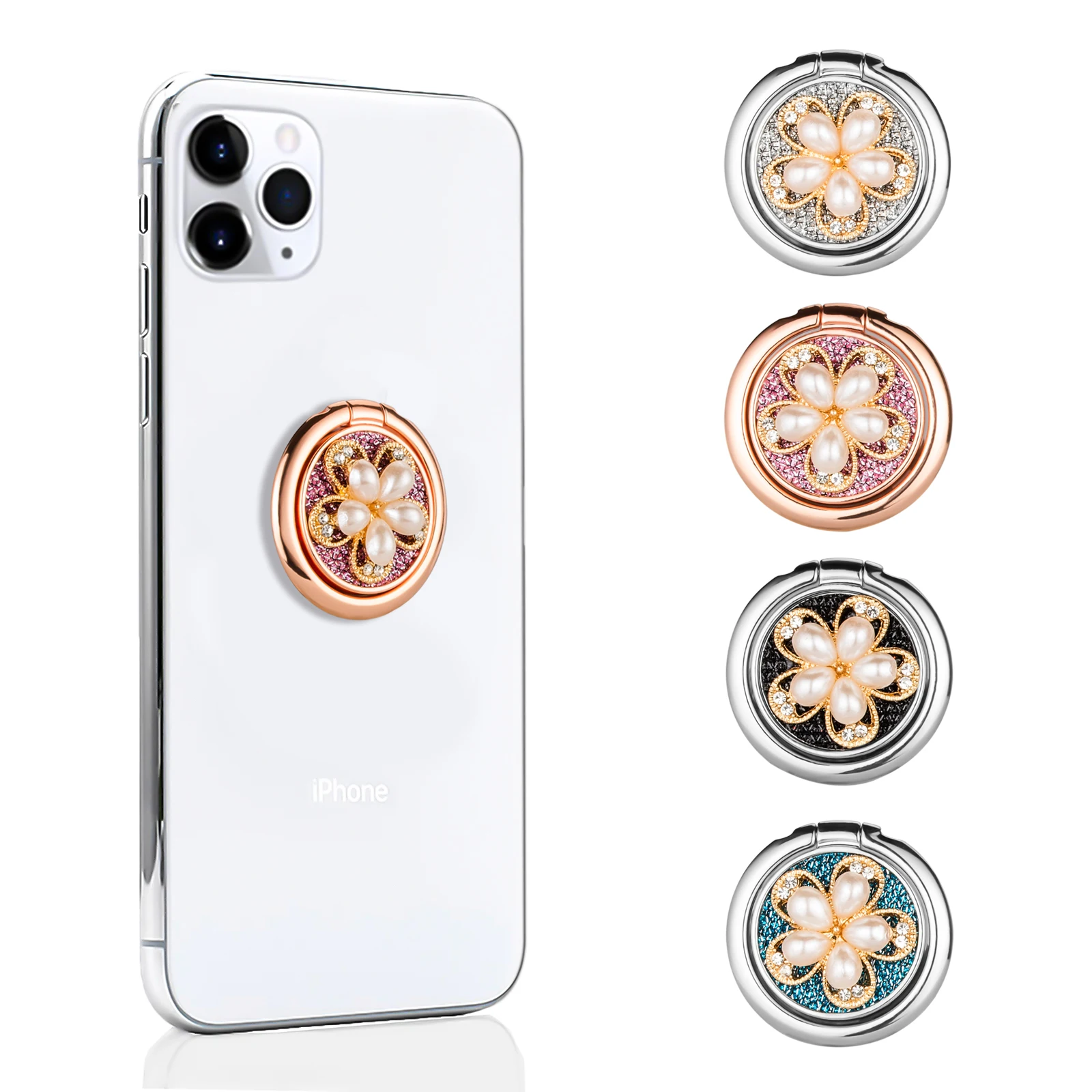 الموضة الفاخرة العالمي بريق اللؤلؤ مرصع بالجواهر زهرة المعادن البنصر الهاتف المحمول قبضة مستديرة حامل حامل آيفون سامسونج