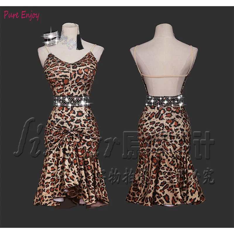 Latin dance competition dress  Leopard print sexy backless latin ballroom dance dress Rumba Foxtrot dance dresses for women