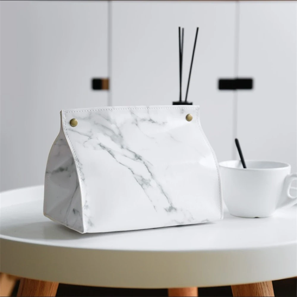 Nordic Modern Marble Pattern Tissue Box Pu Leather Napkin Holder Desktop Bedroom Coffee Table Paper Drawer Paper Box Organizers