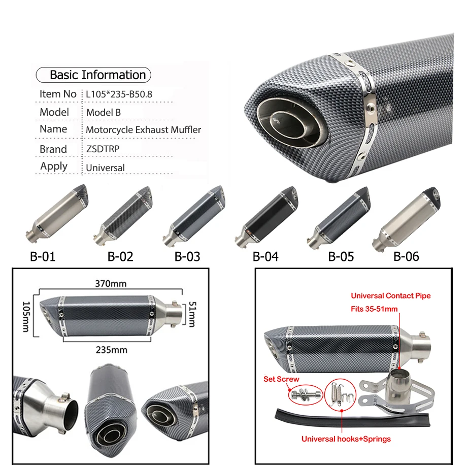 ZS Racing Universal Motorcycle AK Exhaust for Yoshimura Muffler Pipe Scooter For FZ6 CBR250 CB600 MT07 ATV Dirt Pit Bike