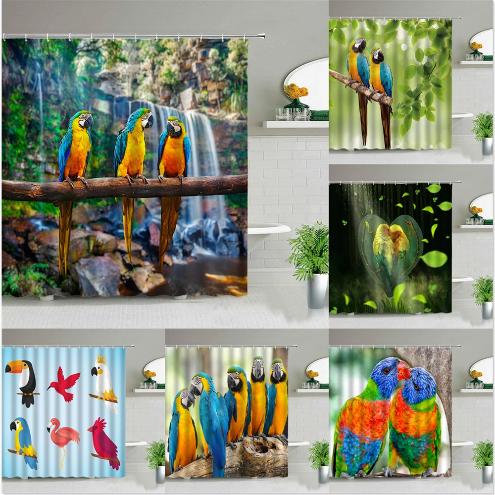 Colorful Bird Parrot Green Tropical Plant Shower Curtains White Waterfall Cute Yellow Animal Printed Bathroom Decor Bath Curtain