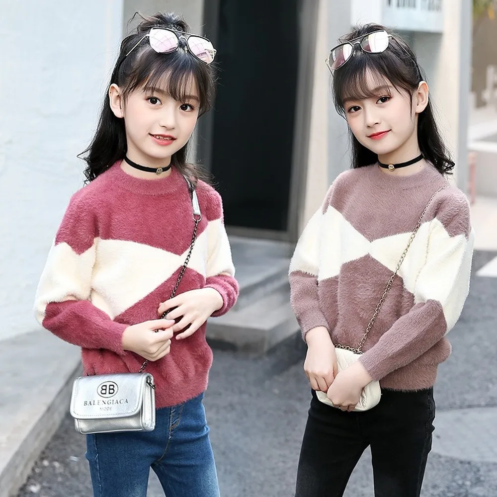 Girls Sweater 2020 Thick Plush Mink-like Contrasting Color Fashion Pullover Undershirt Sweater  Baby  Girls Clothes Winter Tops