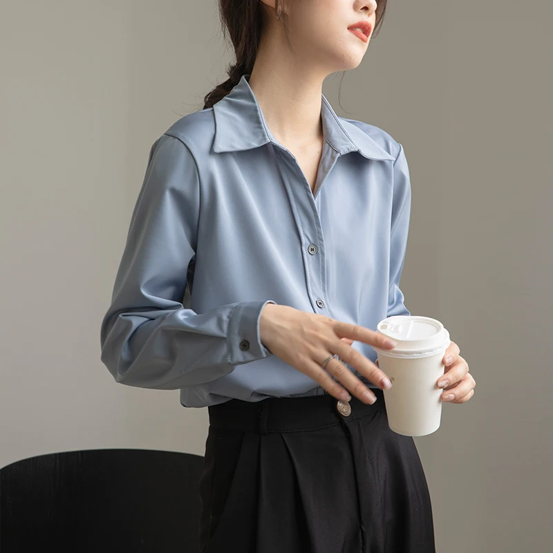 Seoulish 2021 New Spring Autumn Stain OL Style Formal Women's Blouse Turn-down Long Sleeve Shirts Female Workwear Elegant Tops