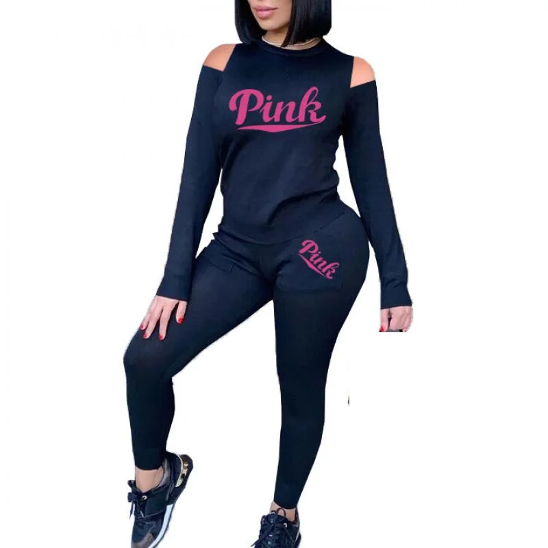 Autumn Women'S Tracksuits Long Sleeve Top Pants Sets Pink Letter Print Fashion Two Piece Clothes Sets Female Sports Workout 2pcs