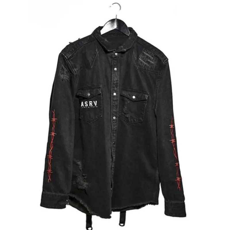 Harajuku Gothic Demon Hunter Skull Black Denim Jacket Men Rock Punk Heavy Metal Sweatshirt Sudadera Suspenders Hole Streetwear