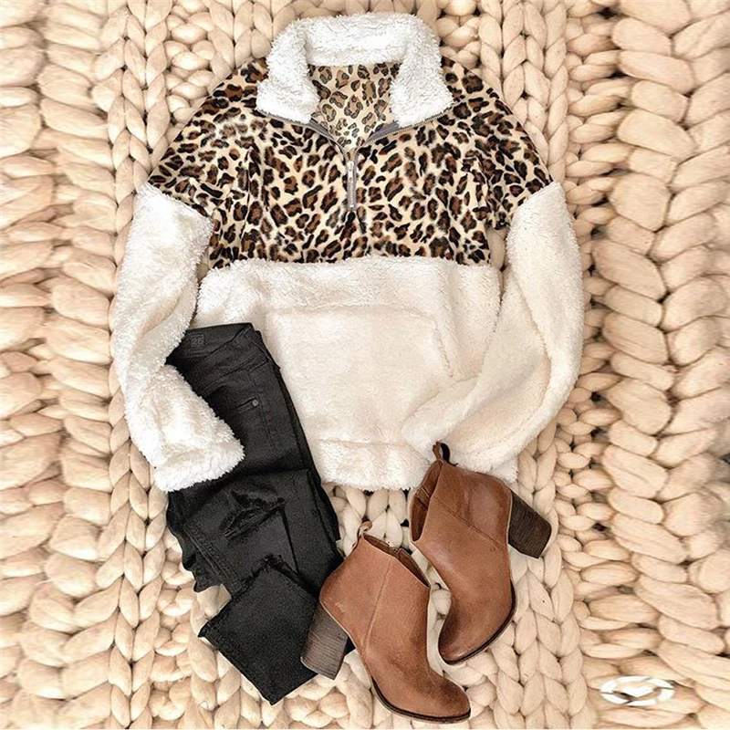 Womens Sweaters 2019 Winter Leopard Patchwork Fleece Sweater Fluffy Thick Sweaters Warm Zipper Pullovers Femela Coat Sherpa Tops