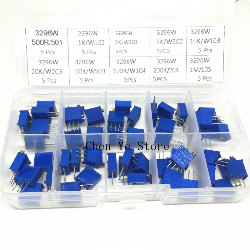 50pcs 3296W 104 102 Multiturn Trimmer Potentiometer Kit High Precision 3296 Variable Resistor With Free Box electronic diy kit