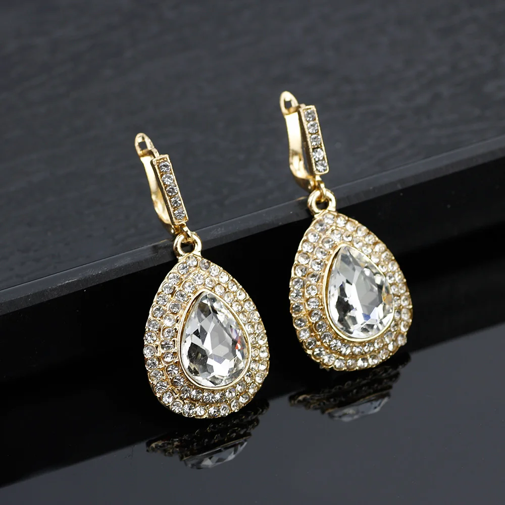 Sunspicems Vintage Bohemia Gray Crystal Dangle Drop Earrings for Women Retro Gold Color Turkish Ethnic Wedding Jewelry