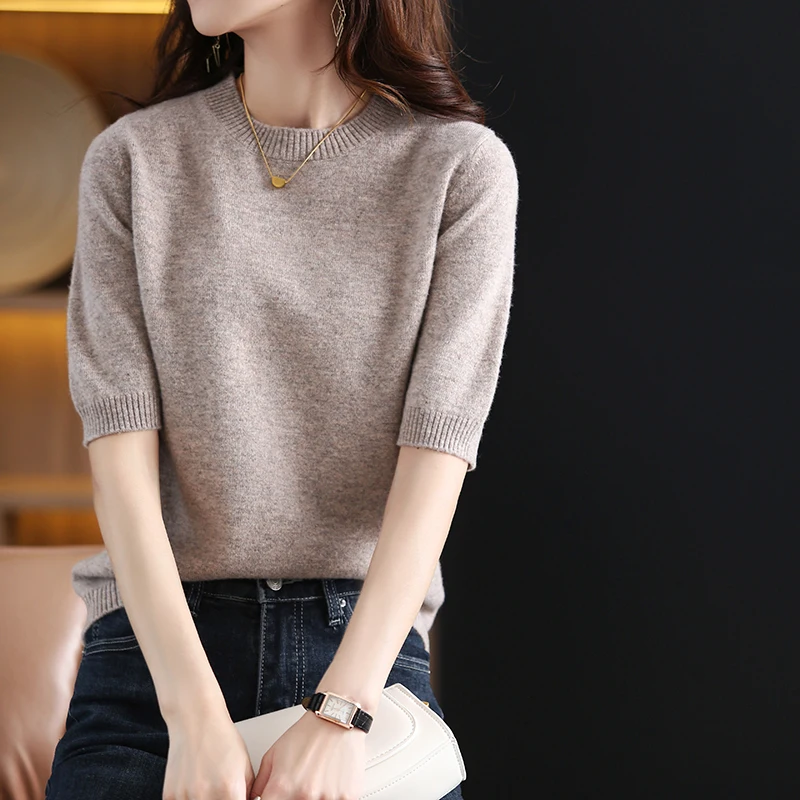 Hot Sale 100% Wool Cashmere Women\'s Sweaters And Pullovers Autumn Female O-Neck Clothing Short SLeeve Soft Jumper Tops Spring