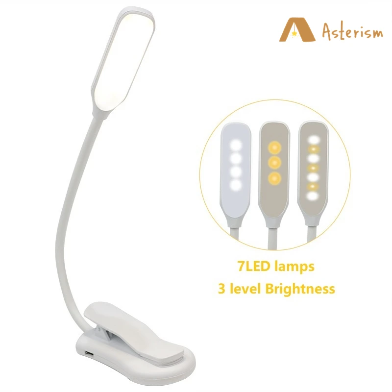 Luz de libro LED ajustable recargable por USB con Clip de Goosenecks, 7 LED, lámpara de escritorio de lectura nocturna Flexible, luz de lectura de