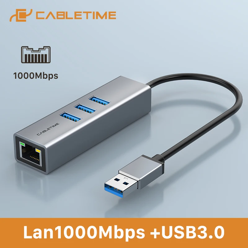 

CABLETIME 1000Mbps USB3.0 Ethernet Hub to LAN Converter Adapter 5Gbps for Macbook Laptop MI BOX S RJ45 Network Card