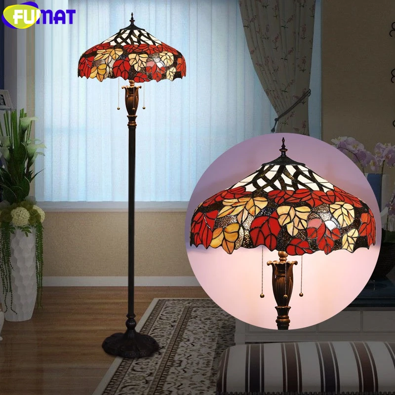 

FUMAT Tiffany Floor Lamps 16 18 Inch Stained Glass Shade Red Maple Leaf European Style Hand Craft Arts Lights Bronze Iron Frame