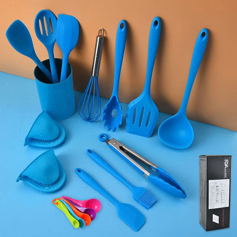 WALFOS 14 Pcs Heat Resistant Silicone Cookware Set Including Cooking Spoon Spatula Egg Beater Tongs Brush Microwave Gloves Etc