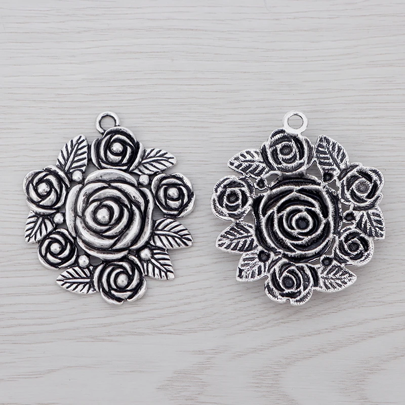 3Pcs Tibetan Silver Large Round Rose Flower Charms Pendants for DIY Necklace Jewelry Making Findings Accessories 62x54mm