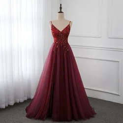 Sweet Wine Red Crystal Long Prom Dresses 2020 Straps Spaghetti Tulle Evening Gown Slit Right YQLNNE