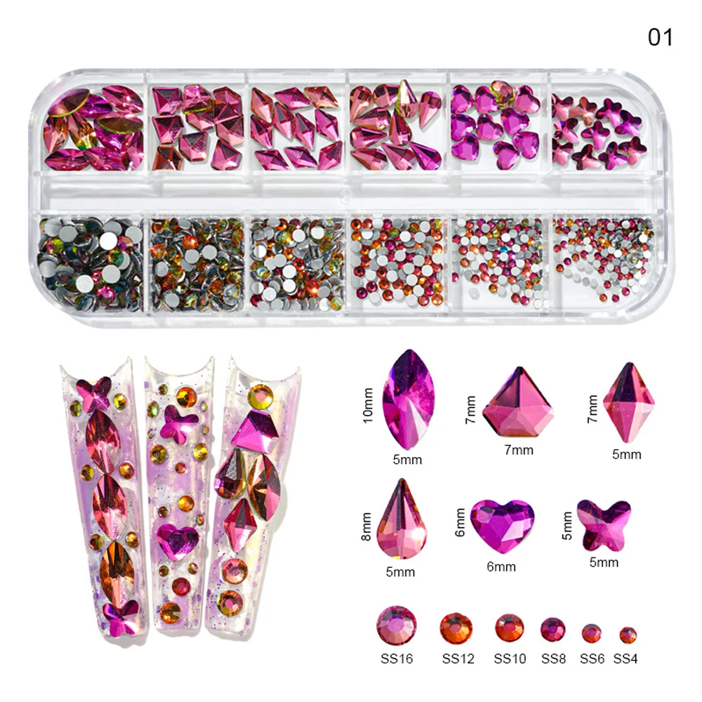 Strass multi-formes pour nail art, verre cristal 3D, diamant astronomique plat AB, 12 tailles mélangées, décoration de manucure, boîte de 12 grilles, # LK4