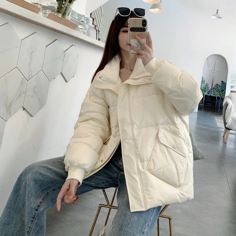 Stand Collar Bread Coat 2021 Autumn Winter Women Warm Thicken White Duck Down Jacket Female Casual Loose Oversize Parkas Outwear