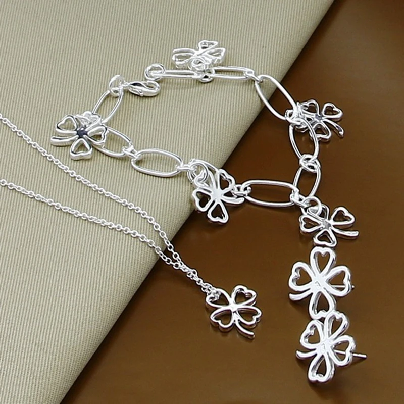 New Style 925 Sterling Silver Four-Leaf Clover Necklace Necklace Bracelet Earring Set For Women'S Wedding Engagement Fashion Jew