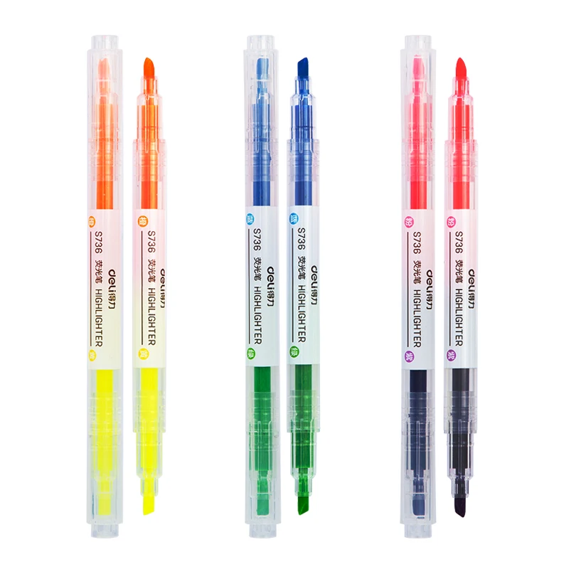 DELI S736 Twin Tip Highlighter 3Pcs/Bag 6 Colors Cute Pen Double Headed marker Pen Mark Pen Office School Supplies Stationery